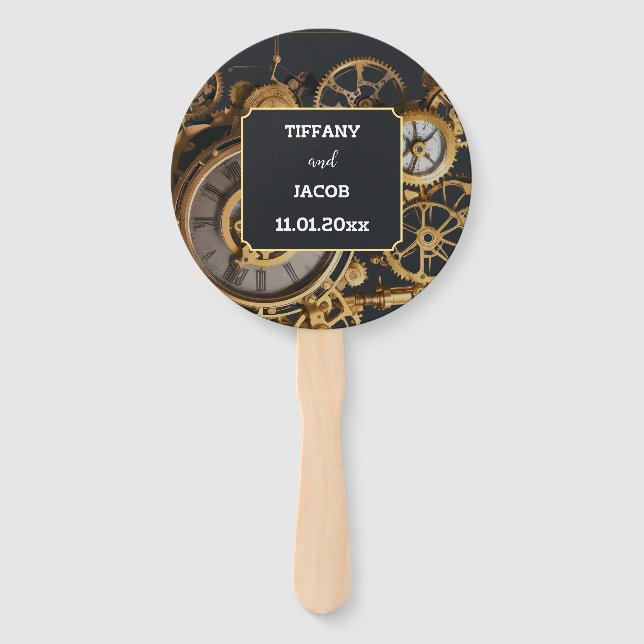 Steampunk Extravaganza Vintage Cogs Guest Book Hand Fan (Front)