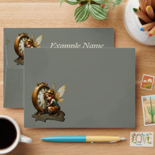 Steampunk Fairy with Golden Wings & Antique Clock Envelope