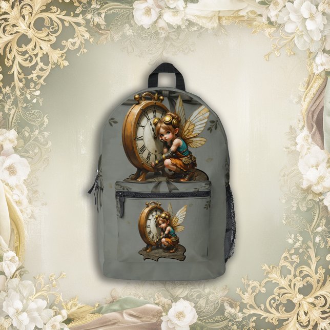 Steampunk Fairy with Golden Wings & Antique Clock  Printed Backpack (Creator Uploaded)