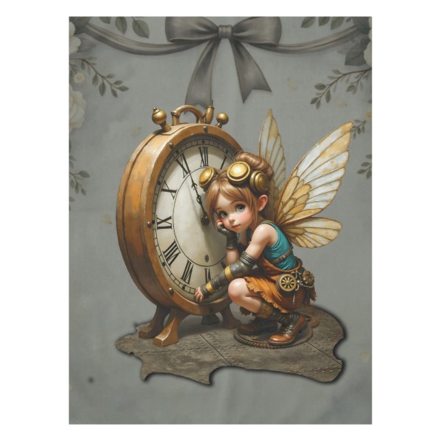 Steampunk Fairy with Golden Wings & Antique Clock  Tablecloth (Front)