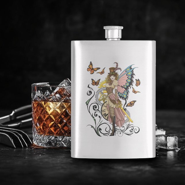 Steampunk Fairy Yellow Clock Gears Hip Flask (Creator Uploaded)