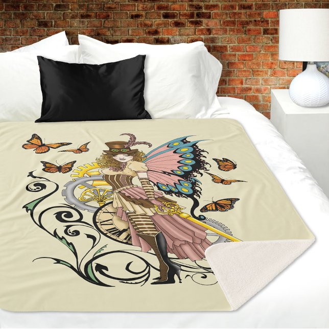 Steampunk Fairy Yellow Clock Gears Sherpa Blanket (Creator Uploaded)