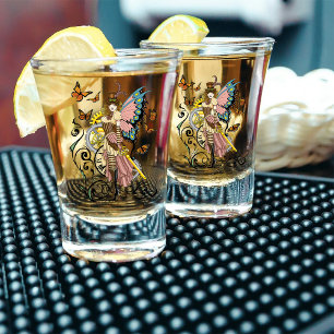 Steampunk Fairy Yellow Clock Gears Shot Glass