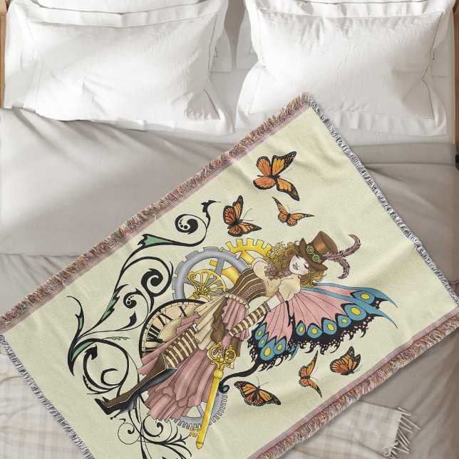 Steampunk Fairy Yellow Clock Gears Throw Blanket (Creator Uploaded)