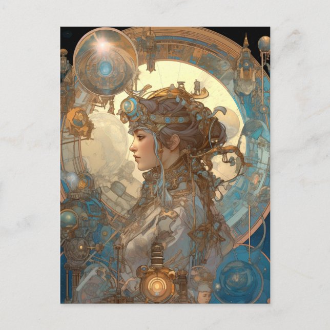 Steampunk Fantasy Sci-Fi Art Nouveau Lady Postcard (Front)