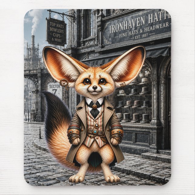 Steampunk Fennec Fox Gentleman at Hatter Shop Mouse Pad (Front)