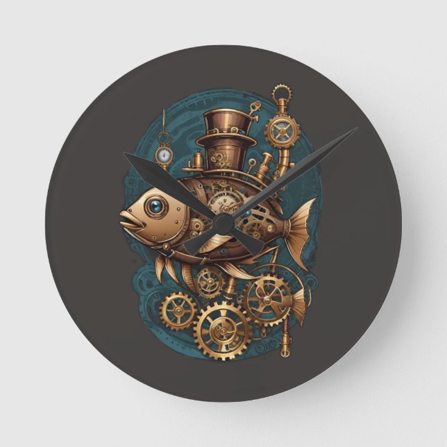 Steampunk Fish Vintage Retro Style Round Clock (Front)