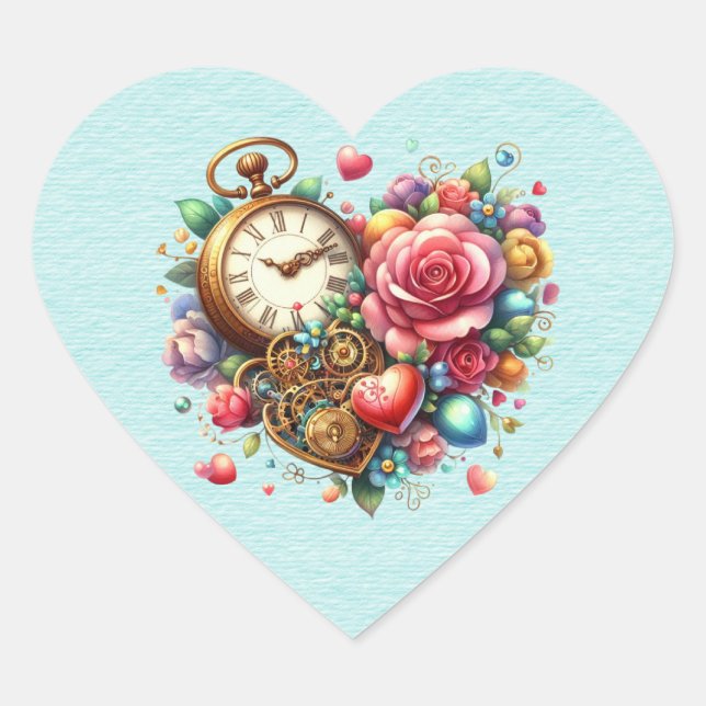  Steampunk Floral Bouquet Heart Sticker (Front)