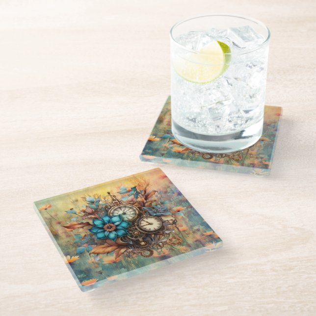 Steampunk Floral Decorative Glass Coaster (Angled)