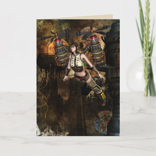 steampunk flying girl greeting card