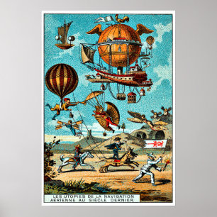 Steampunk flying machines, vintage illustration poster