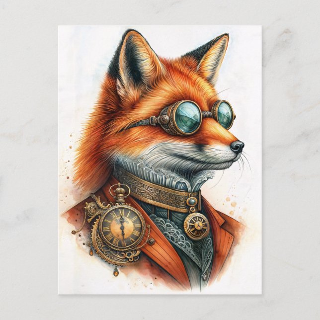 Steampunk Fox - Timekeeper Watercolor Postcard (Front)