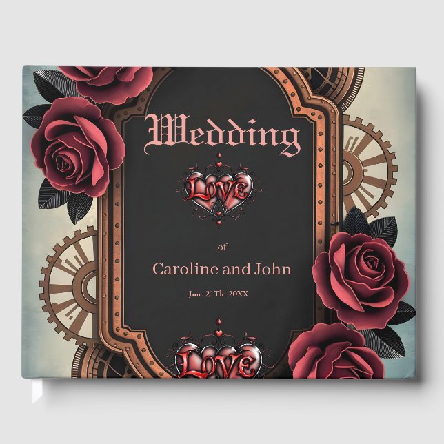 Steampunk Frame with Red Roses and Gears  Guest Book (Front)