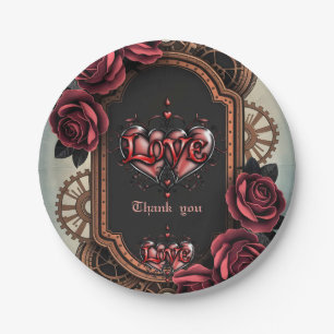 Steampunk Frame with Red Roses and Gears  Paper Plate