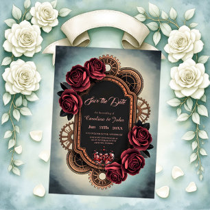 Steampunk Frame with Red Roses and Gears Save The Date