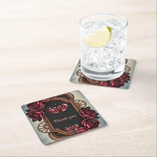Steampunk Frame with Red Roses and Gears Square Paper Coaster