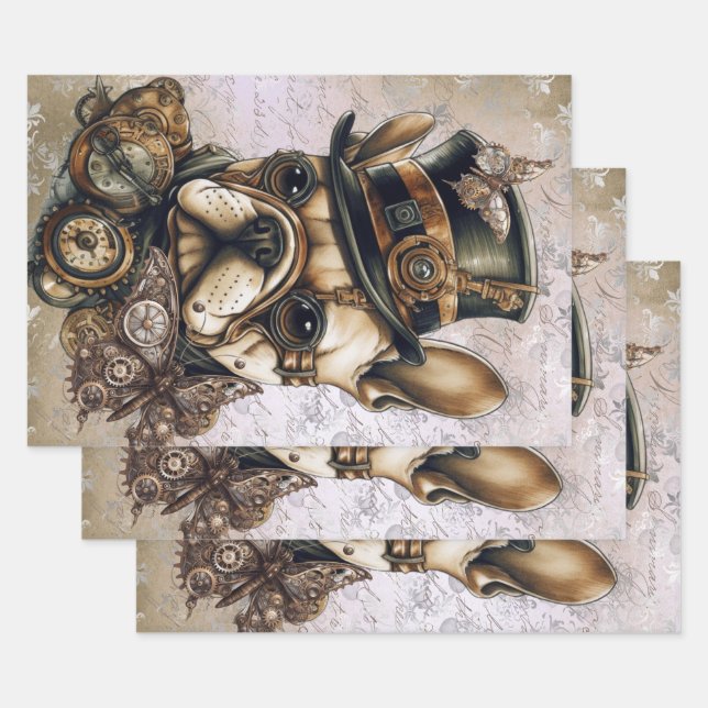 Steampunk French Bulldog Butterfly Decoupage Wrapping Paper Sheet (Set)