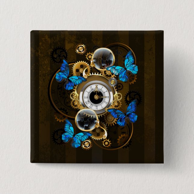 Steampunk Gears and Blue Butterflies 2 Inch Square Button (Front)