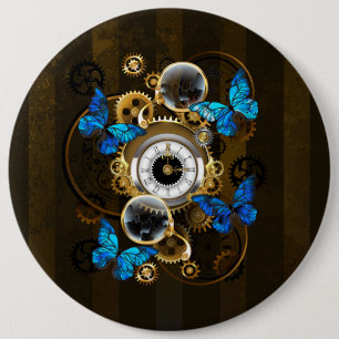 Steampunk Gears and Blue Butterflies 6 Inch Round Button