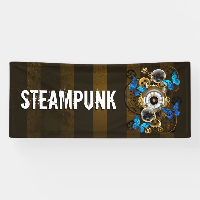 Steampunk Gears and Blue Butterflies Banner (Horizontal)
