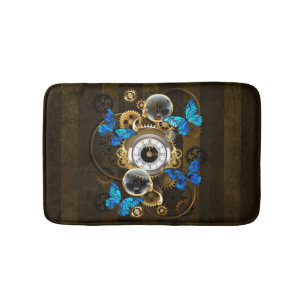 Steampunk Gears and Blue Butterflies Bath Mat
