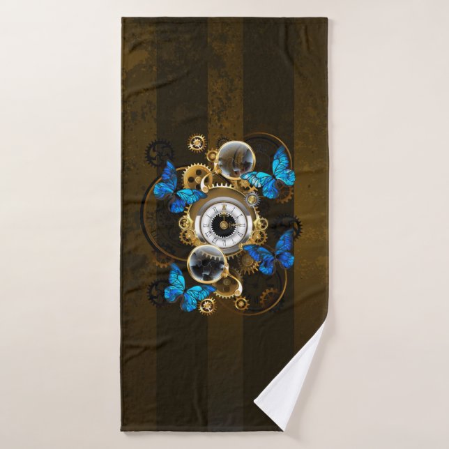 Steampunk Gears and Blue Butterflies Bath Towel (Bath Towel)