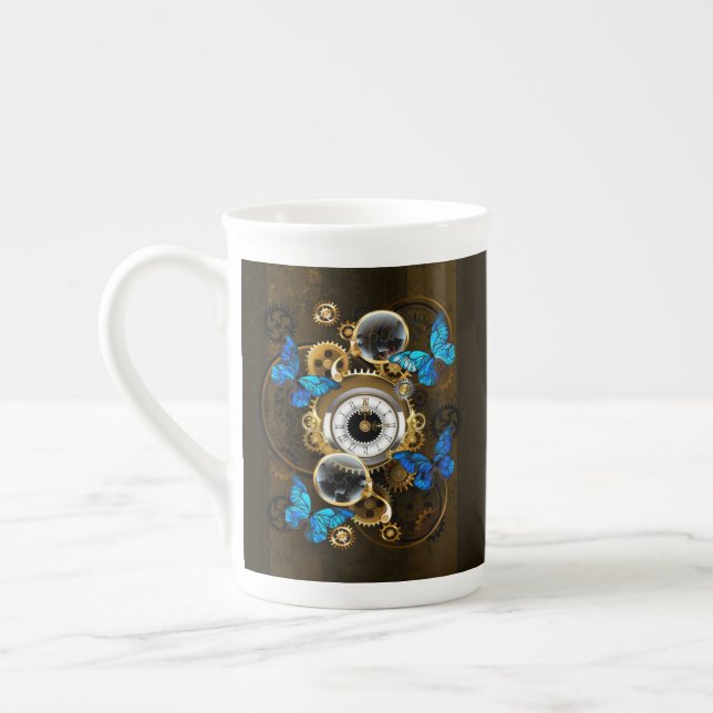 Steampunk Gears and Blue Butterflies Bone China Mug (Left)