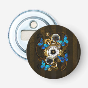 Steampunk Gears and Blue Butterflies Bottle Opener