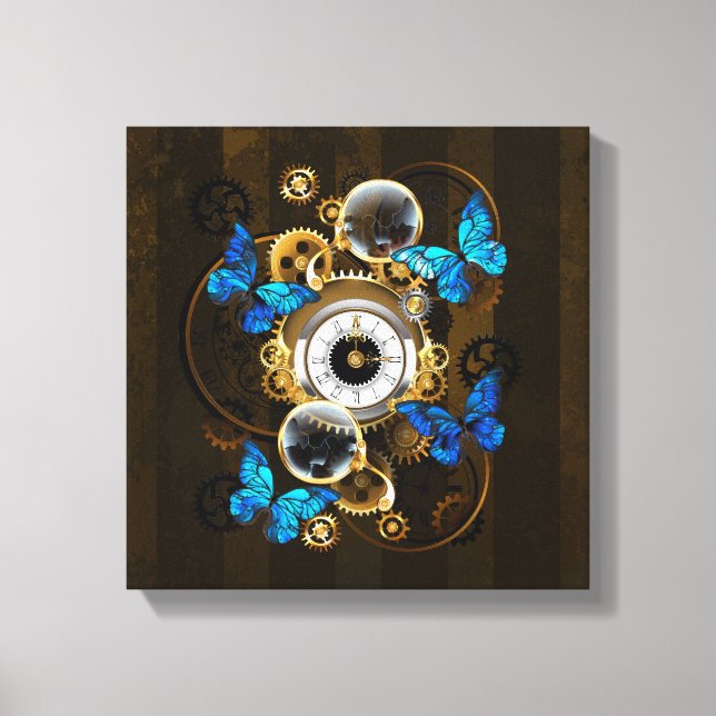 Steampunk Gears and Blue Butterflies Canvas Print (Front)