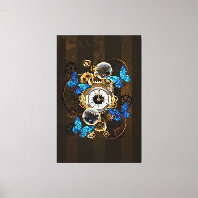Steampunk Gears and Blue Butterflies Canvas Print (Front)