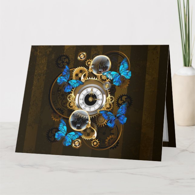 Steampunk Gears and Blue Butterflies Card (Front)