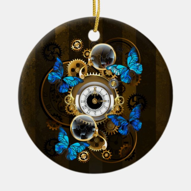 Steampunk Gears and Blue Butterflies Ceramic Ornament (Front)