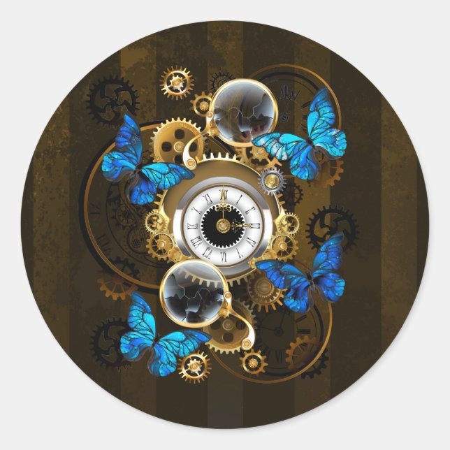 Steampunk Gears and Blue Butterflies Classic Round Sticker (Front)