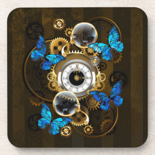 Steampunk Gears and Blue Butterflies Coaster