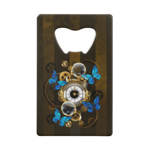 Steampunk Gears and Blue Butterflies Credit Card Bottle Opener