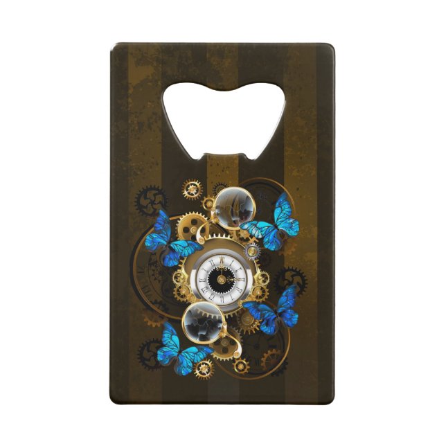 Steampunk Gears and Blue Butterflies Credit Card Bottle Opener (Front)