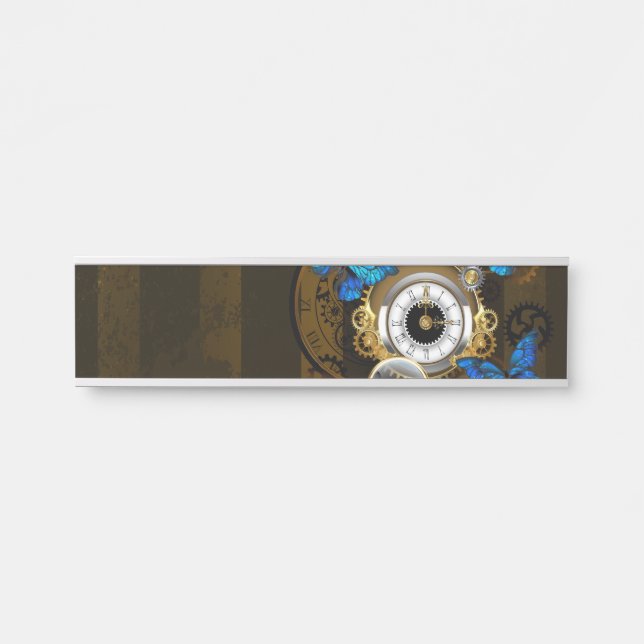 Steampunk Gears and Blue Butterflies Door Sign (Front)