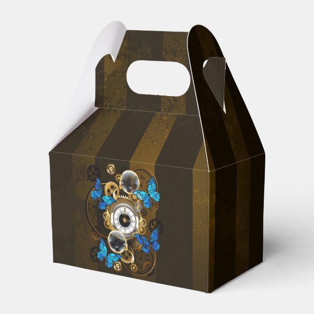 Steampunk Gears and Blue Butterflies Favor Box (Front Side)