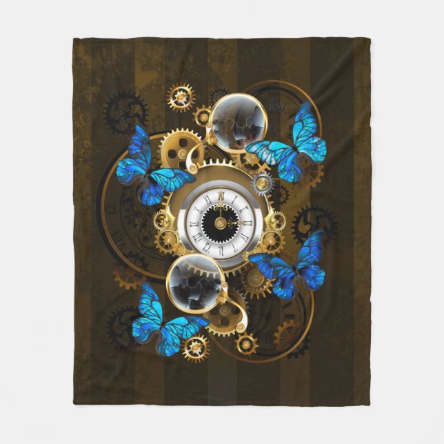 Steampunk Gears and Blue Butterflies Fleece Blanket (Front)