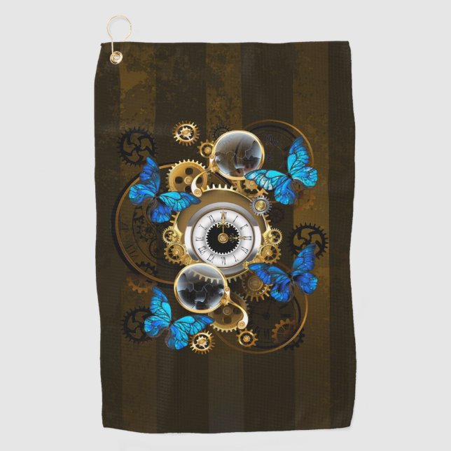 Steampunk Gears and Blue Butterflies Golf Towel (Front)