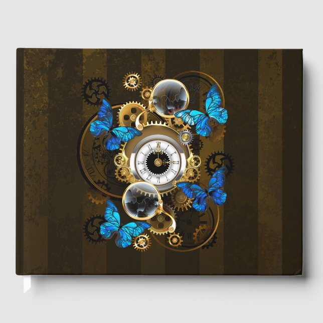 Steampunk Gears and Blue Butterflies Guest Book (Front)