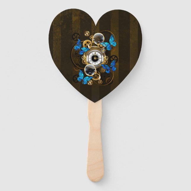 Steampunk Gears and Blue Butterflies Hand Fan (Front)