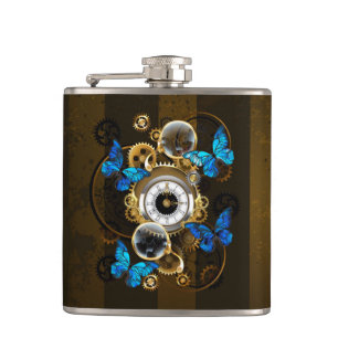 Steampunk Gears and Blue Butterflies Hip Flask