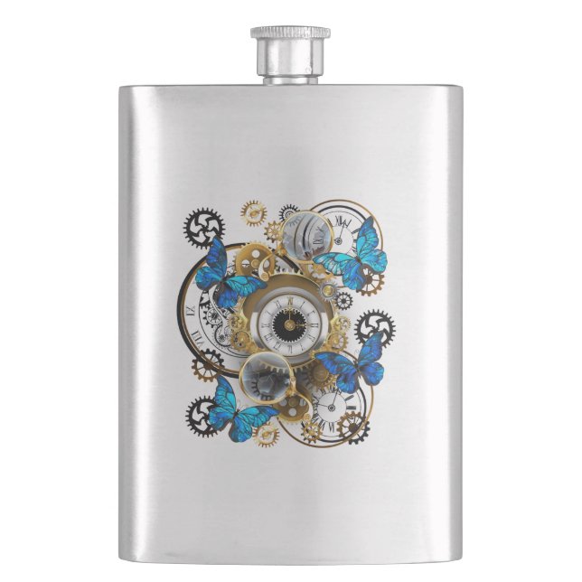 Steampunk Gears and Blue Butterflies Hip Flask (Front)