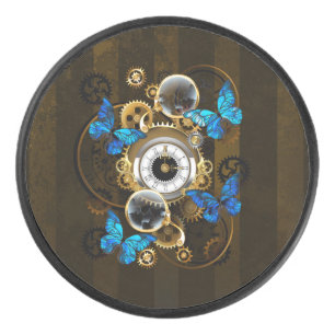 Steampunk Gears and Blue Butterflies Hockey Puck