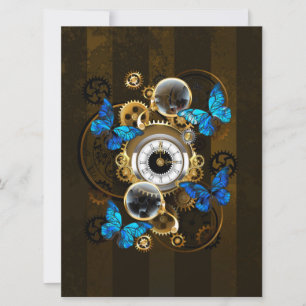 Steampunk Gears and Blue Butterflies Holiday Card