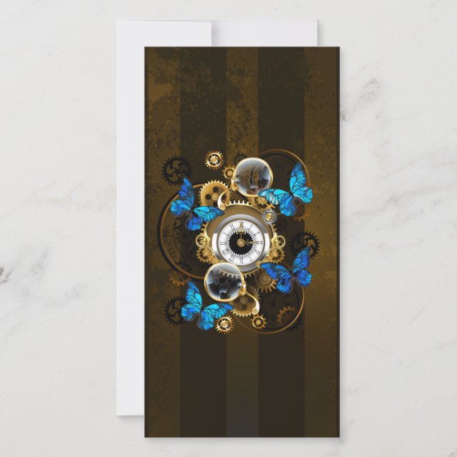 Steampunk Gears and Blue Butterflies Holiday Card (Front)