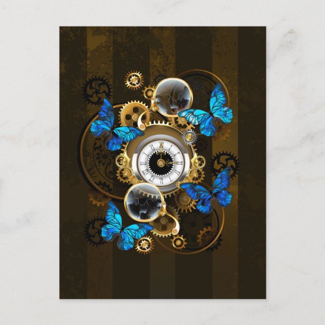 Steampunk Gears and Blue Butterflies Invitation Postcard (Front)