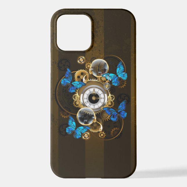 Steampunk Gears and Blue Butterflies iPhone Case (Back)