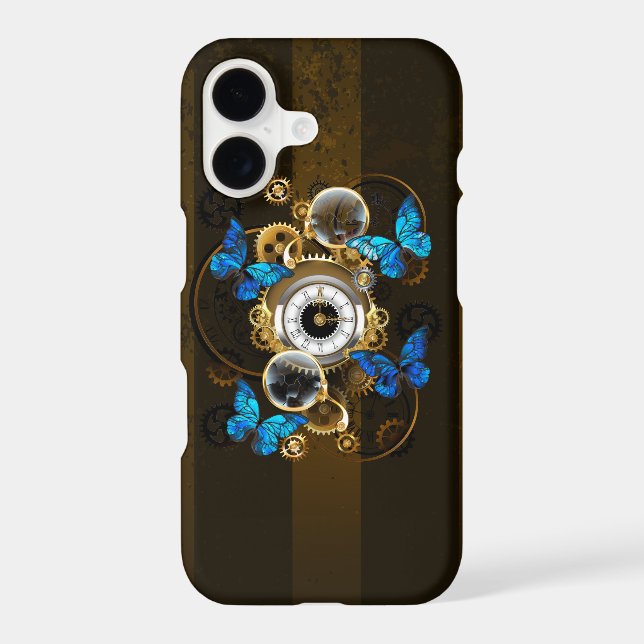 Steampunk Gears and Blue Butterflies iPhone Case (Back)
